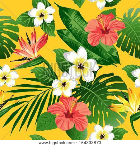 Tropical flowers and leaves on background. Seamless. Vector.