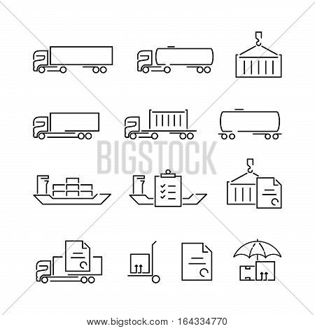 Thin line logistics logo concept isolated on white background. Web infographics linear cargo icons set. Outline sign vector illustration. Stroke simple mono shipping icon infographic pictogram pack.