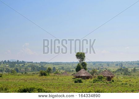 Rural African landscape of countryside with traditional huts in Kenya