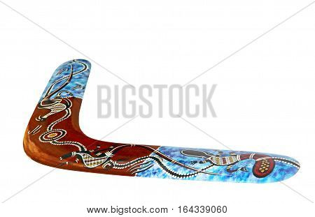 Multicolored australian boomerang isolated on white background taken closeup.