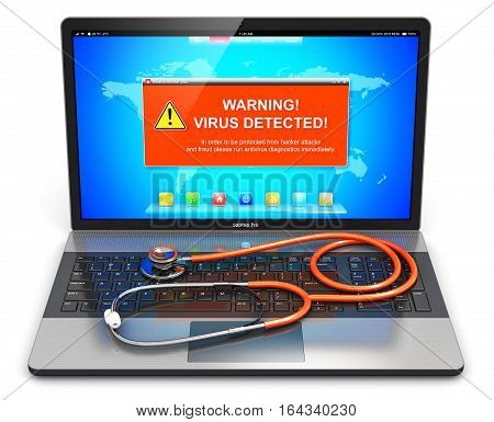3D render illustration of modern black glossy metal office laptop or notebook with virus alert attack warning message on screen display and medical stethoscope isolated on white background