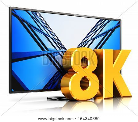 3D render illustration of 8K UltraHD resolution TV cinema or computer PC monitor display isolated on white background with reflection effect