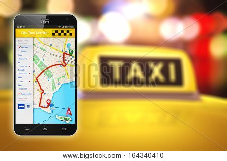 3D render illustration of modern metal black glossy touchscreen smartphone with online satellite GPS taxi application software on screen with taxi car roof with yellow taxi sign in blurred bokeh background with selective focus effect