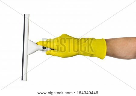 Man's or woman's hand cleaning with a squeegee on white background.