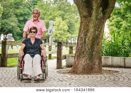 Senior couple in wheelchair, enjoying a day outdoors in the park
