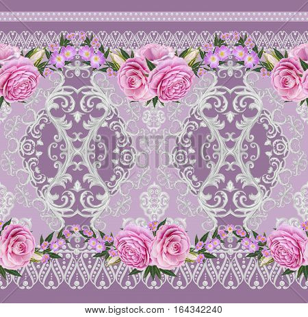 Seamless pattern border. Openwork weaving delicate silver background shiny lace vintage old style arabesques. Edging decorative. Bouquets of pink pastel roses.