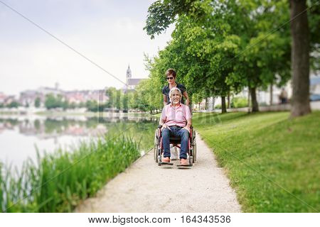 Senior couple in wheelchair, enjoying a day in the park