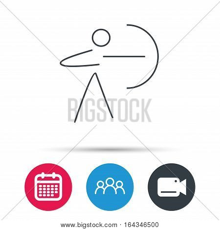 Archery sport icon. Archer with longbow sign. Aiming or targeting symbol. Group of people, video cam and calendar icons. Vector