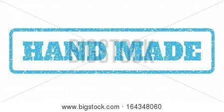Light Blue rubber seal stamp with Hand Made text. Vector message inside rounded rectangular frame. Grunge design and scratched texture for watermark labels. Horisontal emblem on a white background.