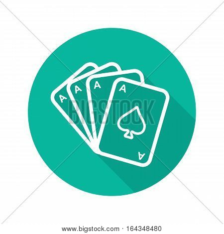 Poker ace quads flat linear long shadow icon. Playing cards deck. Casino sign. Vector line symbol