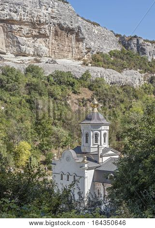 Bakhchisaray Crimea Russia . Holy - Assumption Orthodox cave Monastery . One of the new churches in the lower tier of the monastery.
