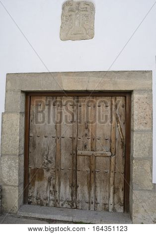 Wooden door in Candelario a village in the province of Salamanca Spain.