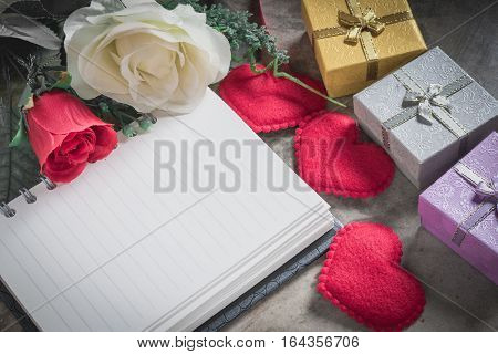 Valentine's Day Background,red Heart With Red White Rose ,ribbon And Present Box