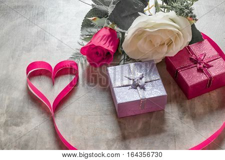 Valentine's Day Background,red Heart With Red White Rose ,ribbon And Present Box