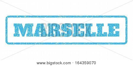 Light Blue rubber seal stamp with Marselle text. Vector tag inside rounded rectangular frame. Grunge design and scratched texture for watermark labels. Horisontal sign on a white background.