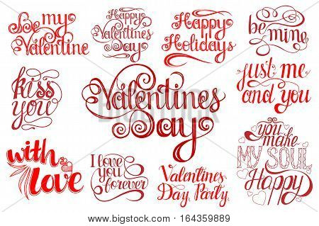 Set of Happy ValentinesDay Lettering design elements for cards prints and more. Vector illustration.
