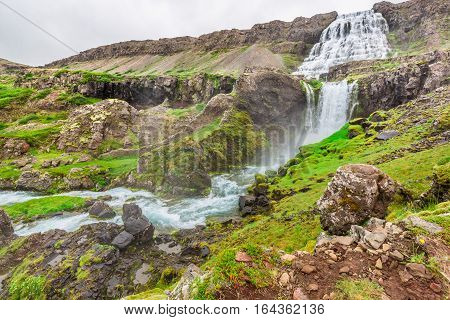 Mountain Path Leading To The Waterfall In Iceland In Summer