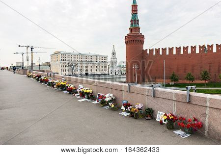 MOSCOW - SEPTEMBER 22 2015: Memorial to Boris Nemtsov on Bolshoy Moskvoretsky Bridge. Politician was assassinated here on February 27 2015