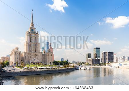 MOSCOW - SEPTEMBER 15 2015: Radisson Royal Hotel (Hotel Ukraina) and World Trade Center. These buildings are situated in a prestige Presnensky District.
