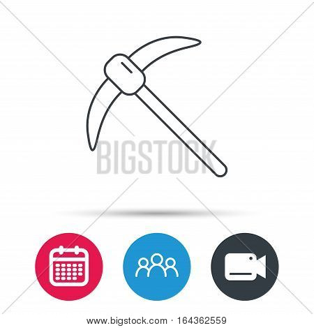 Mining tool icon. Pickaxe equipment sign. Minerals industry symbol. Group of people, video cam and calendar icons. Vector