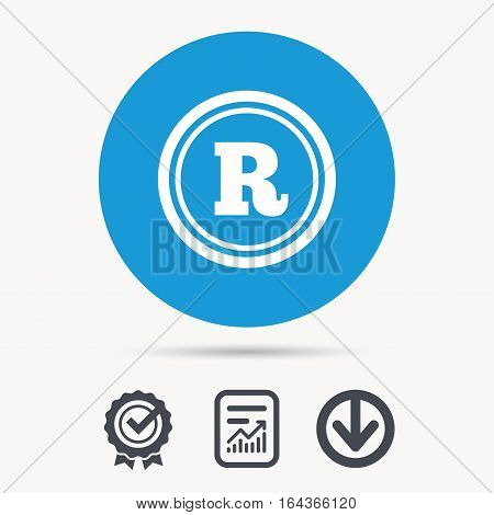 Registered trademark icon. Intellectual work protection symbol. Achievement check, download and report file signs. Circle button with web icon. Vector