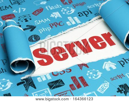 Web design concept: red text Server under the curled piece of Blue torn paper with  Hand Drawn Site Development Icons, 3D rendering