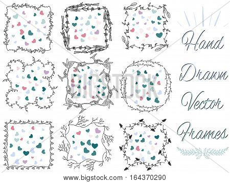 hand drawn floral vector frames set for your design. Floral Frames. Cute retro plants arranged un a shapes  perfect for wedding invitations, birthday or valentine cards.