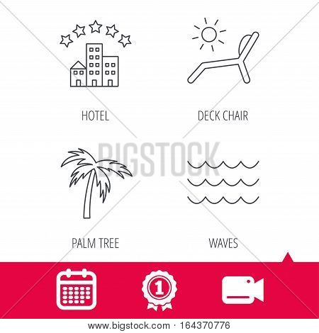 Achievement and video cam signs. Palm tree, waves and deck chair icons. Hotel linear sign. Calendar icon. Vector