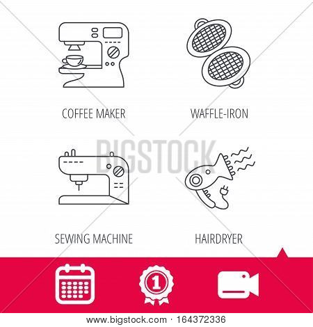 Achievement and video cam signs. Coffee maker, sewing machine and hairdryer icons. Waffle-iron linear sign. Calendar icon. Vector