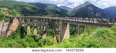 TARA RIVER CANYON MONTENEGRO - AUGUST 10 2014: Panoramic view of the bridge of Dzhurdzhevich over the Tara River Canyon