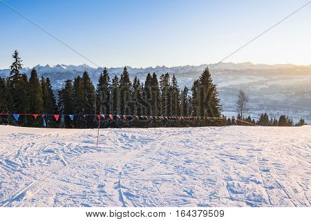 Winter afternoon landscape of Tatra Mountains. View from the summit of Czarna Gora.