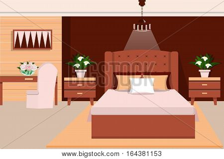 Interior bedroom furniture bed, bedside table, table, chair, chandelier and flowers. Flat style. Vector illustration