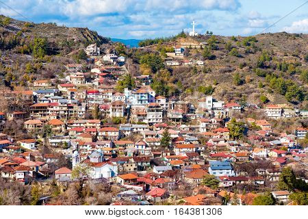 Panoramic view of mountain village of Pedoulas. Nicosia District Cyprus.