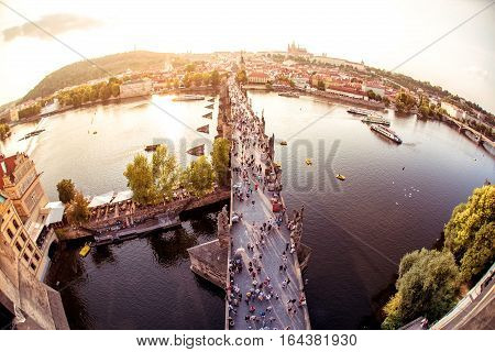 Charles Bridge looking towards the Castle Royal Palance and Vitus Cathedral. Prague Czech Republic.