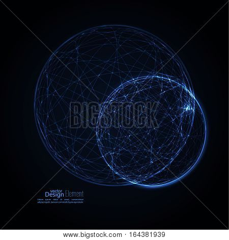 Abstract background with glowing spheres intersecting the global. Science and connection concept. The technology of the future. Vector backdrop. Planet and orbit