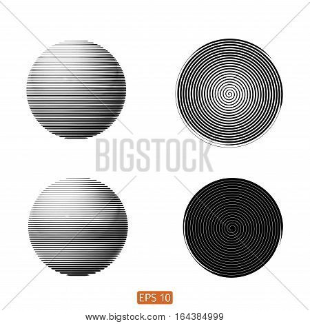 Set Of Abstract Spiral Element. Swirling, Twirling Shape. Vector. No Gradient. Sphere, Line, Black A