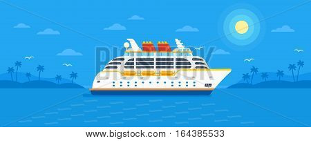 Cruise ship in trendy flat design style vector illustration. Seaway ocean transport passenger ship on monochrome blue tropic background with palm trees, seagulls, sun and clouds.
