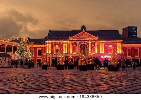 Klaipeda, Lithuania: Christmas lights and decorations in Theatre square at night