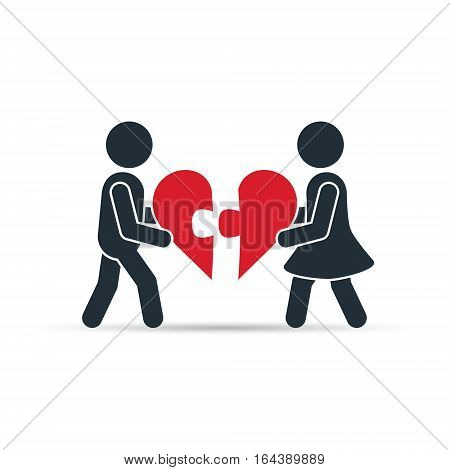 Man and woman pushing puzzle pieces of heart. The concept of care health support love valentine. Vector.