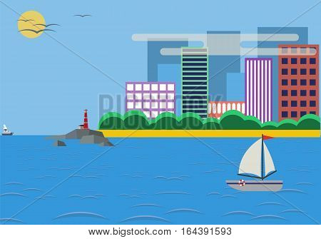 Lighthouse daylight landscape with town and beach. Vector flat illustrations.