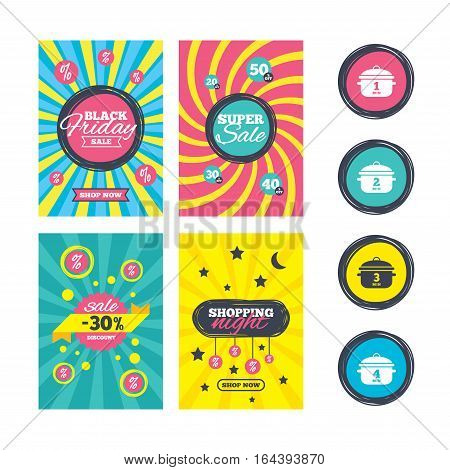 Sale website banner templates. Cooking pan icons. Boil 1, 2, 3 and 4 minutes signs. Stew food symbol. Ads promotional material. Vector