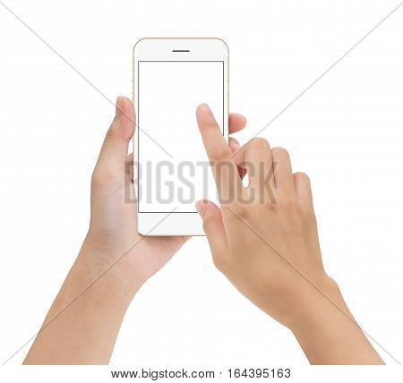 close-up hand touching phone mobile screen isolated on white mock up smartphone blank screen easy adjustment with clipping path