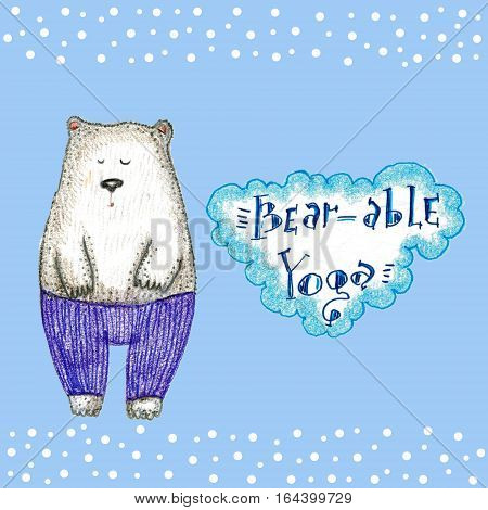 Raster colorful winter illustration with a white bear in shavasana, augmented with a word game and snowflakes. Image for kids' stuff, yoga and animal theme, pun and word games.