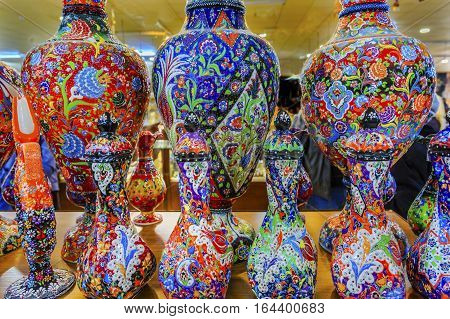 Ancient Arab Islamic Red Blue Orange Flower Designs Pottery Vases Madaba Jordan
