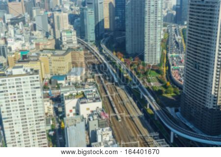 Blurred background. Dense buildings in Minato-ku Tokyo Japan