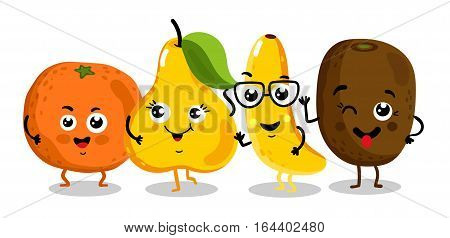 Cute fruit cartoon characters isolated on white background vector illustration. Funny orange, kiwi, pear, banana emoticon face icon collection. Happy smile positive and friendly comical fruit mascot