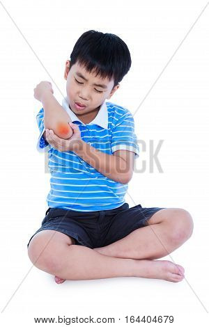 Full Body Of Asian Child Injured At Elbow. Isolated On White Background.
