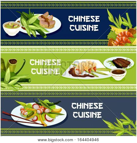 Chinese cuisine popular dishes banner set. Seafood and meat menu with peking duck, spicy battered shrimp, duck salad, pork rice soup and prawn salad, served with soy sauce and chopsticks