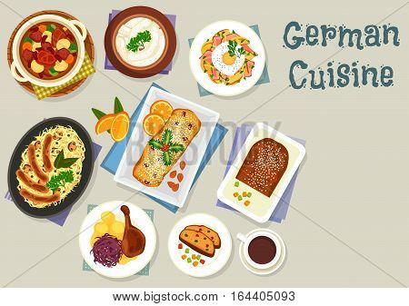 German cuisine Christmas dinner icon with pork sausage, cabbage mushroom stew with sausage, fried cheese potato with egg, potato bean soup with pork, goose with apple, cake stollen with fruits and nut
