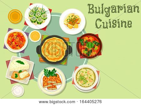 Bulgarian cuisine dinner dishes icon with vegetable meat stew, fried stuffed pepper, stuffed cucumber with cheese, eggplant pate with toast, meatball rice soup, pumpkin pie, eggplant stew